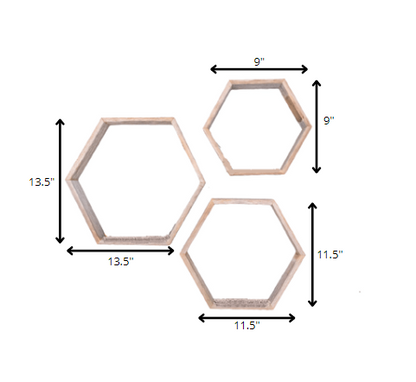 Set Of 3 Hexagon Rustic Natural Weathered Grey Wood Open Box Shelve