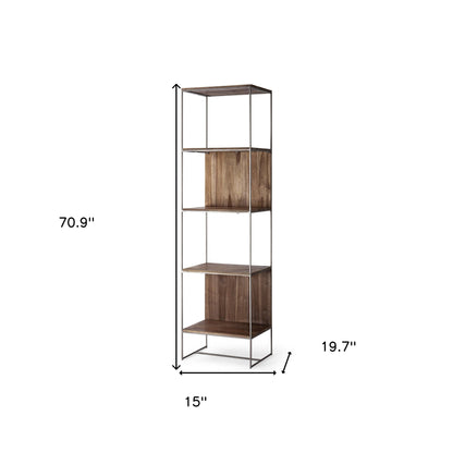 Brown Wood And Silver Metal Frame With 4 Shelf Shelving Unit