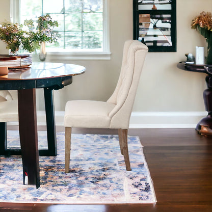 Tufted Cream And Brown Upholstered Linen Wing Back Dining Side Chair