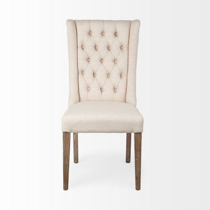 Tufted Cream And Brown Upholstered Linen Wing Back Dining Side Chair