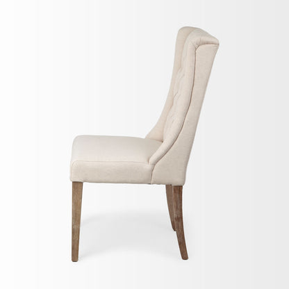 Tufted Cream And Brown Upholstered Linen Wing Back Dining Side Chair