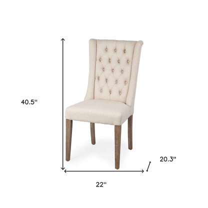 Tufted Cream And Brown Upholstered Linen Wing Back Dining Side Chair