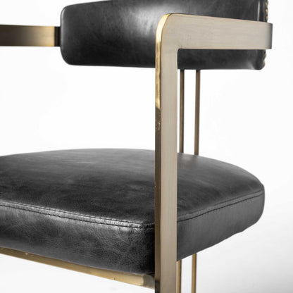 Black And Gold Upholstered Leather Open Back Dining Arm Chair