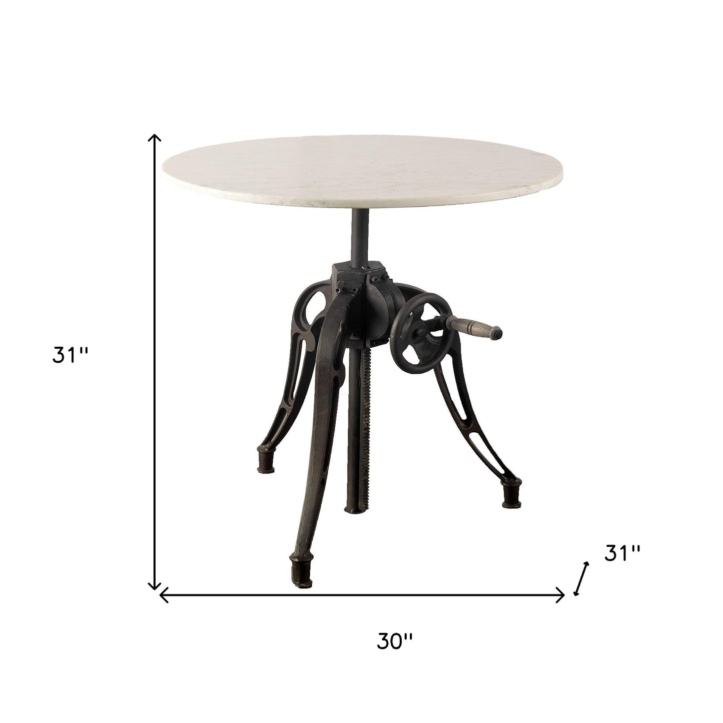 30" White And Black Rounded Marble And Metal Three Leg Base Dining Table