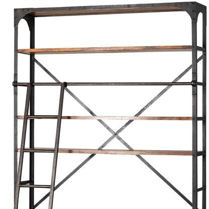 94" Brown And Black Metal and Wood Four Tier Library Bookcase With Ladder