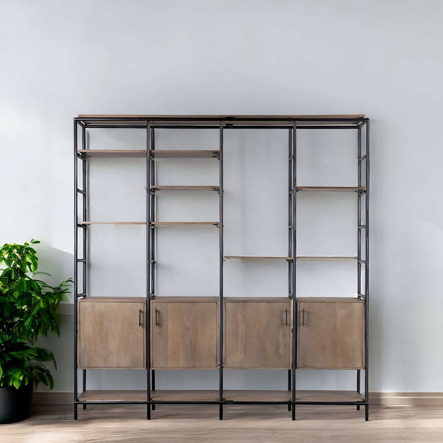 Medium Brown Wood And Metal Multi Shelves Shelving Unit