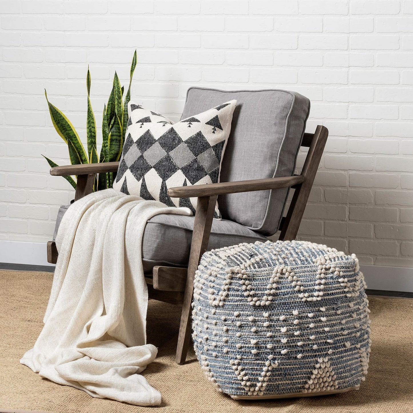 Blue Denim And Ivory Square Pouf With Cotton Stitched