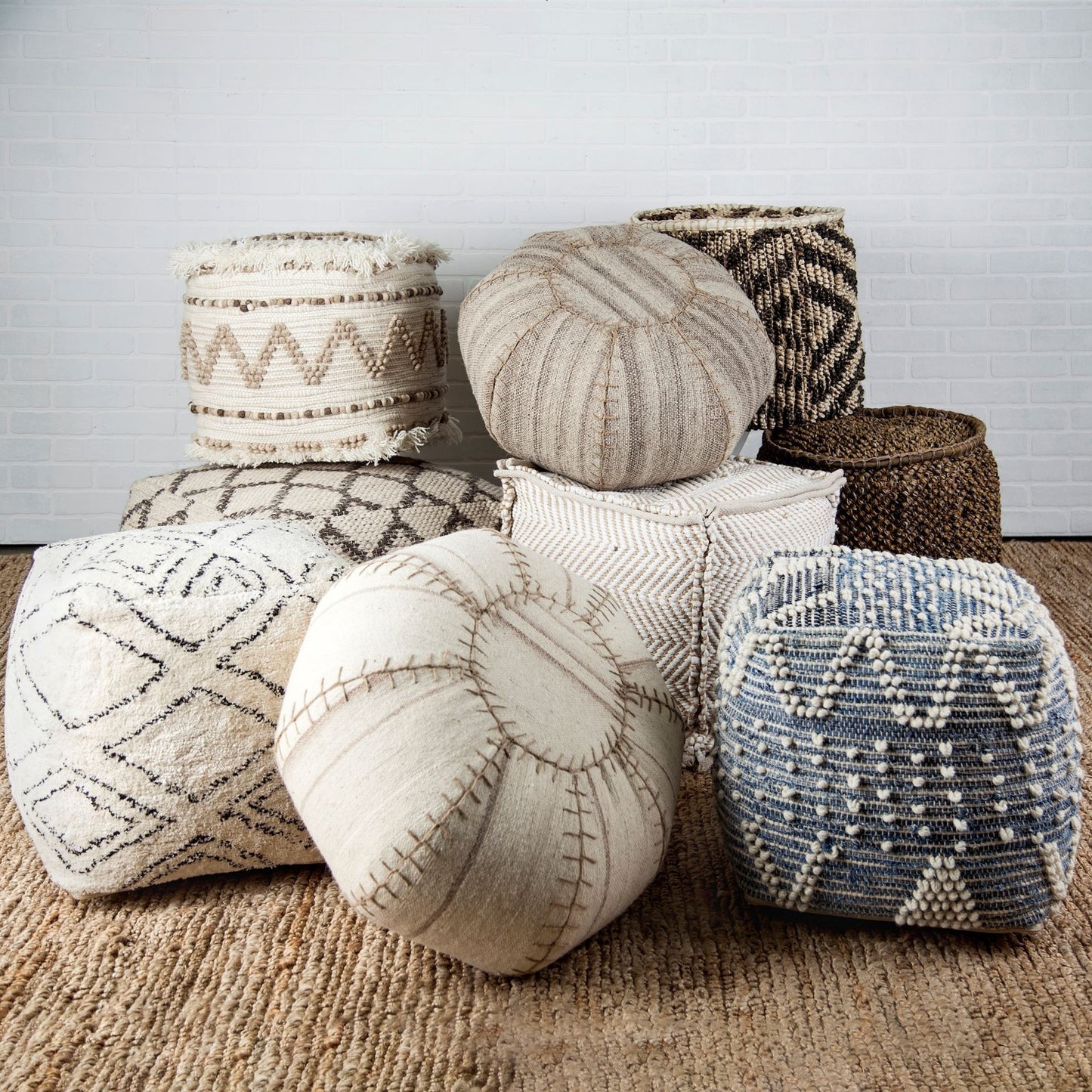 Beige Cotton Square Pouf With Argyle Pattern