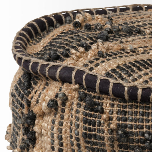 20" Natural And Black Geometric Cylindrical Jute Ottoman