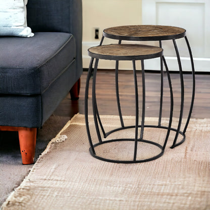 Set of Two 26" Black And Brown Solid Wood Round End Table