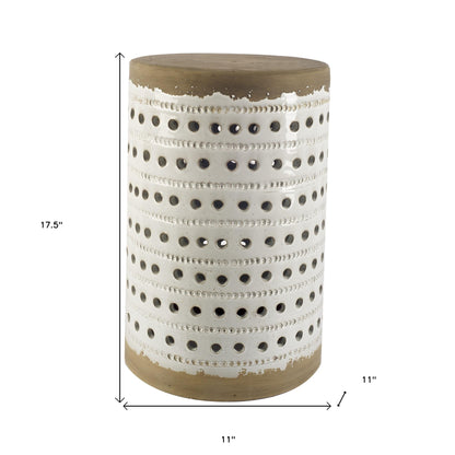 White Glazed Accent Table With Cylindrical Ceramic Tan Base