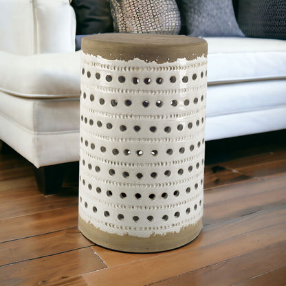 White Glazed Accent Table With Cylindrical Ceramic Tan Base