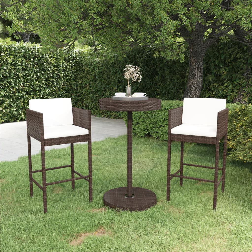 3 Piece Patio Bar Set with Cushions Poly Rattan Brown