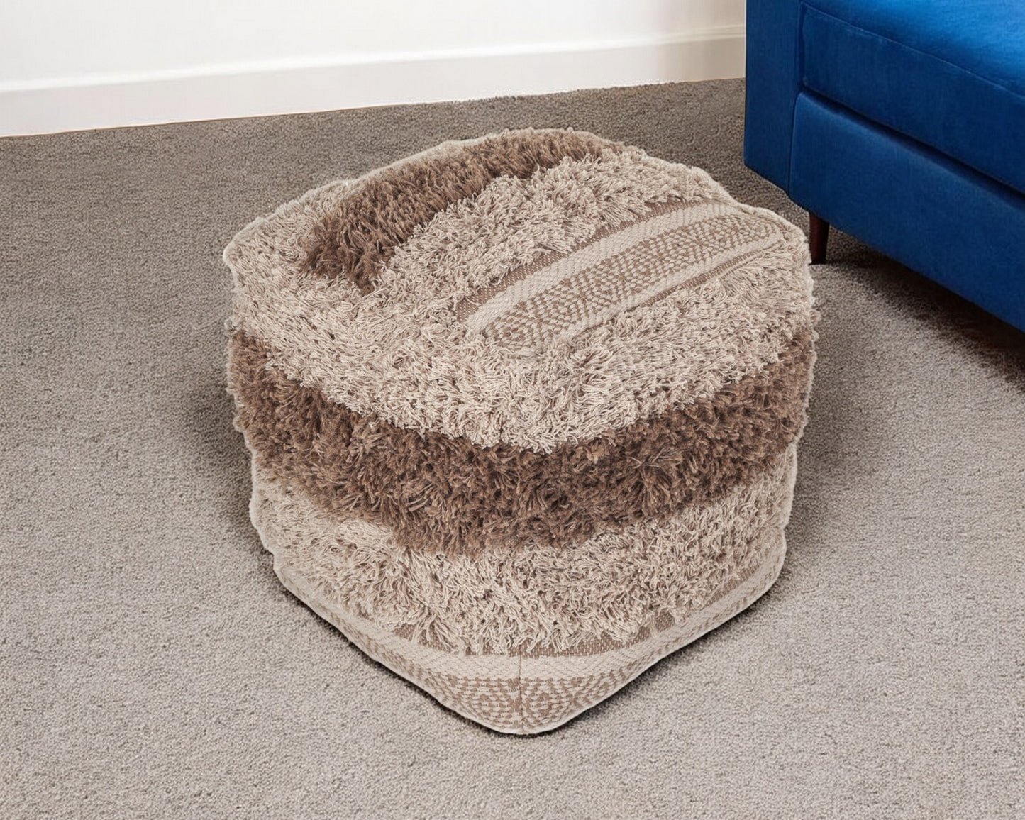 Boho Shaggy Khaki Textured Pouf