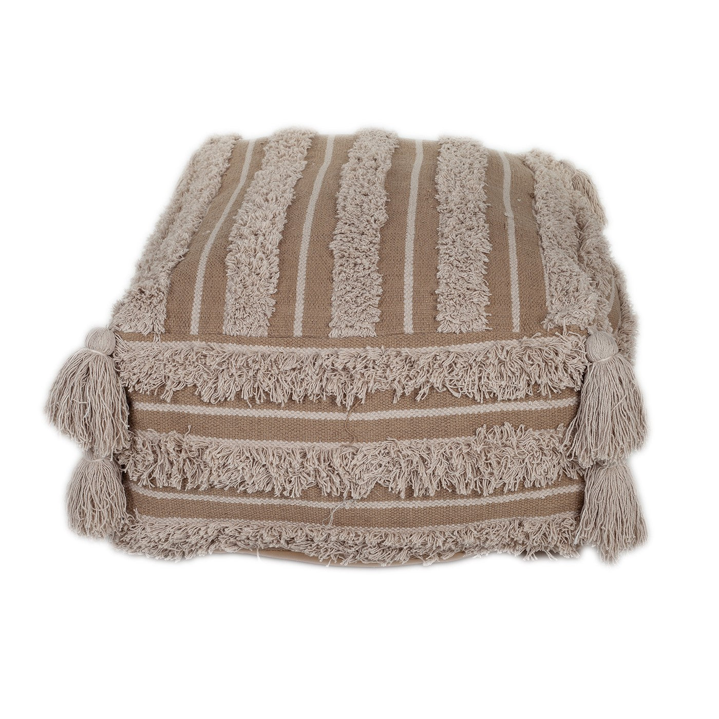 Camel Fringe Striped Pouf