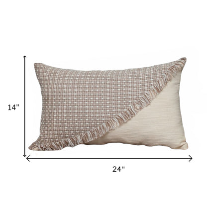 14" X 24" Beige Cotton Throw Pillow With Fringe