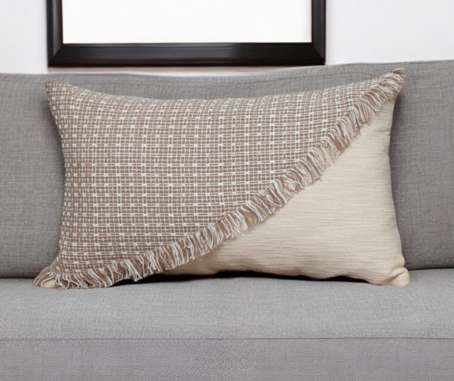 14" X 24" Beige Cotton Throw Pillow With Fringe