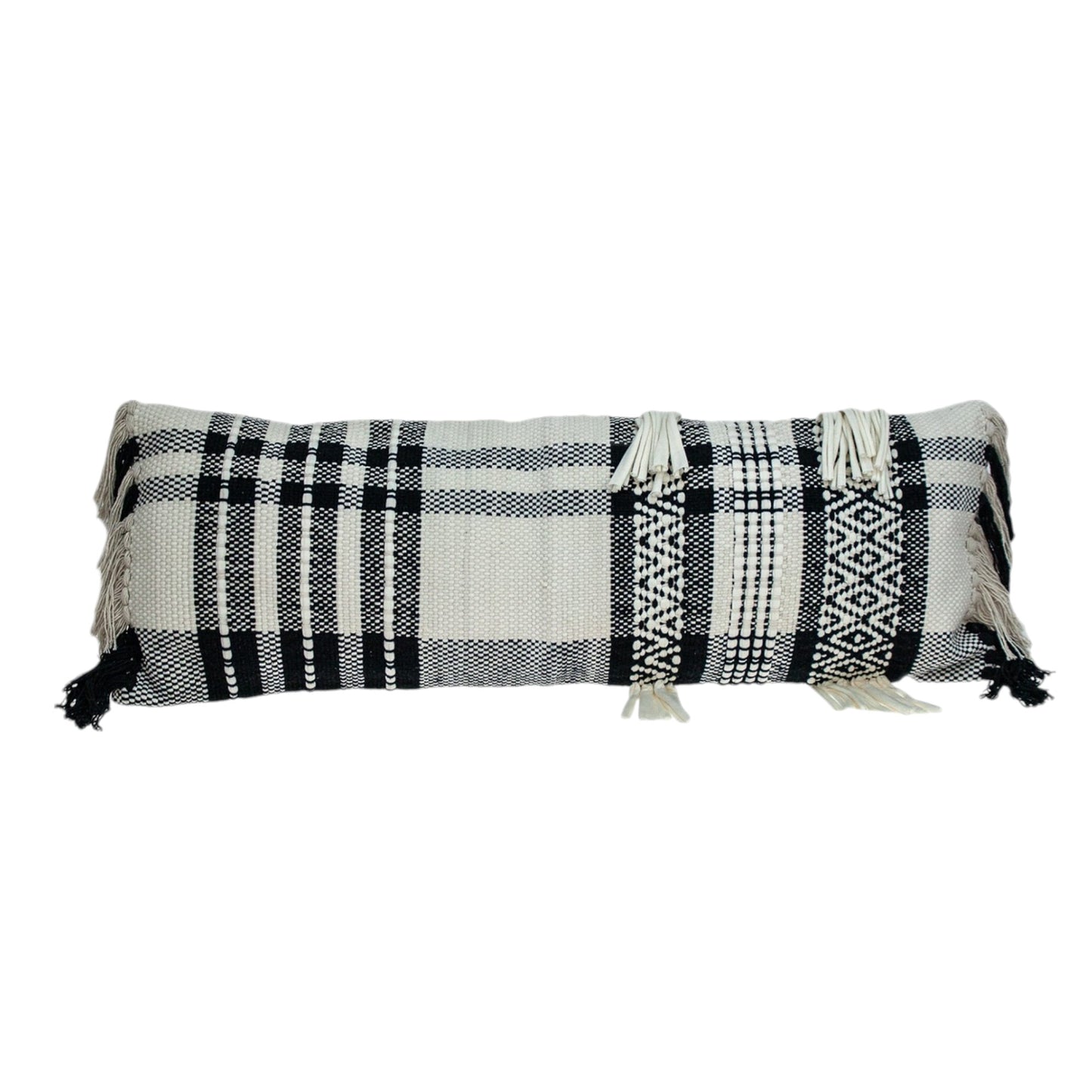 12" X 35" Black and White Plaid Cotton Lumbar Throw Pillow With Fringe