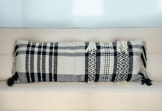 12" X 35" Black and White Plaid Cotton Lumbar Throw Pillow With Fringe