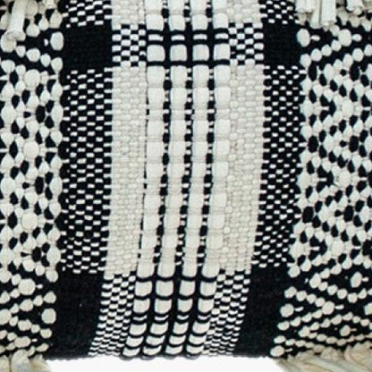 12" X 35" Black and White Plaid Cotton Lumbar Throw Pillow With Fringe