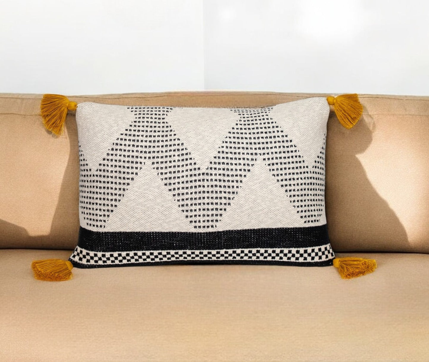 20" X 20" Beige and Black Cotton Throw Pillow With Tassels