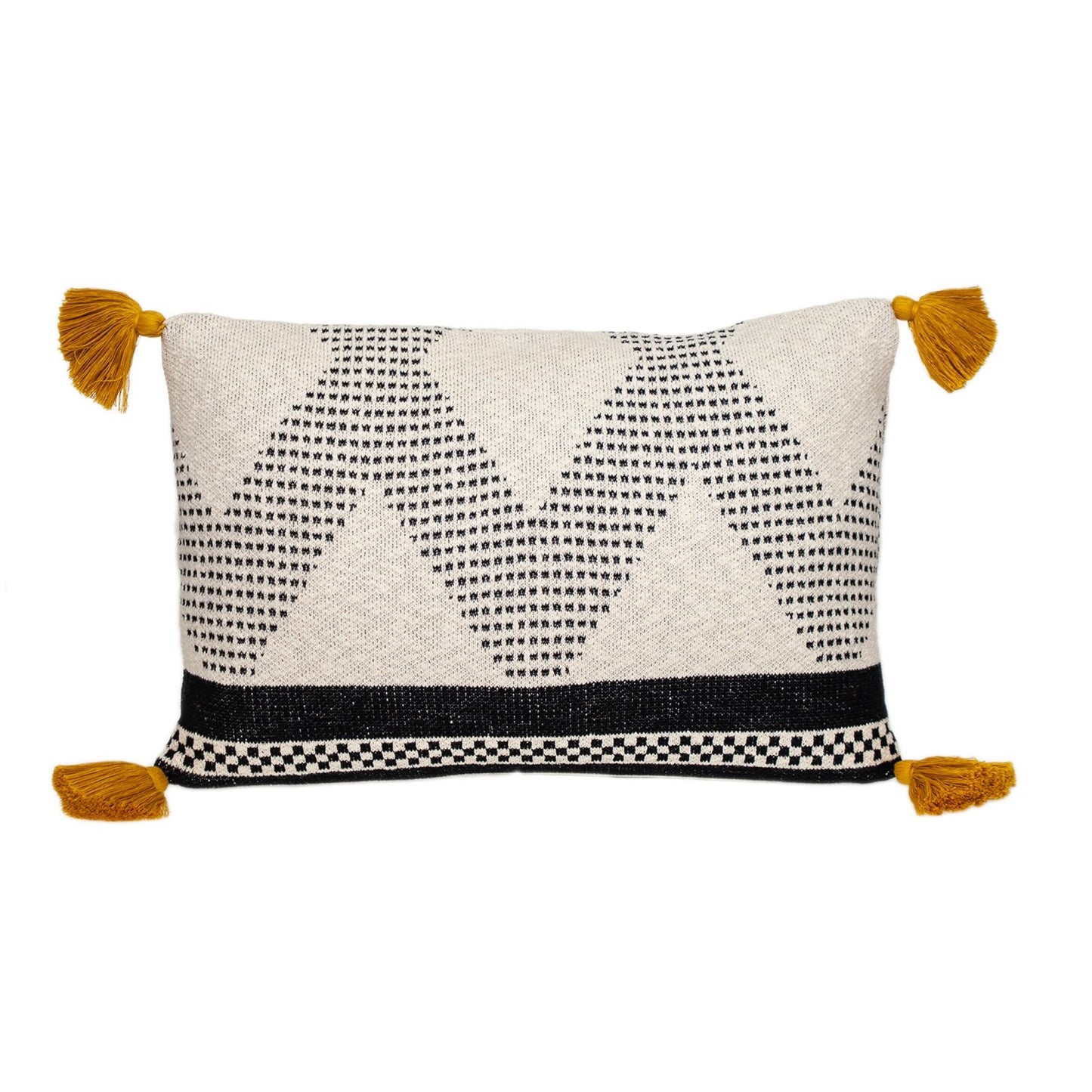 20" X 20" Beige and Black Cotton Throw Pillow With Tassels