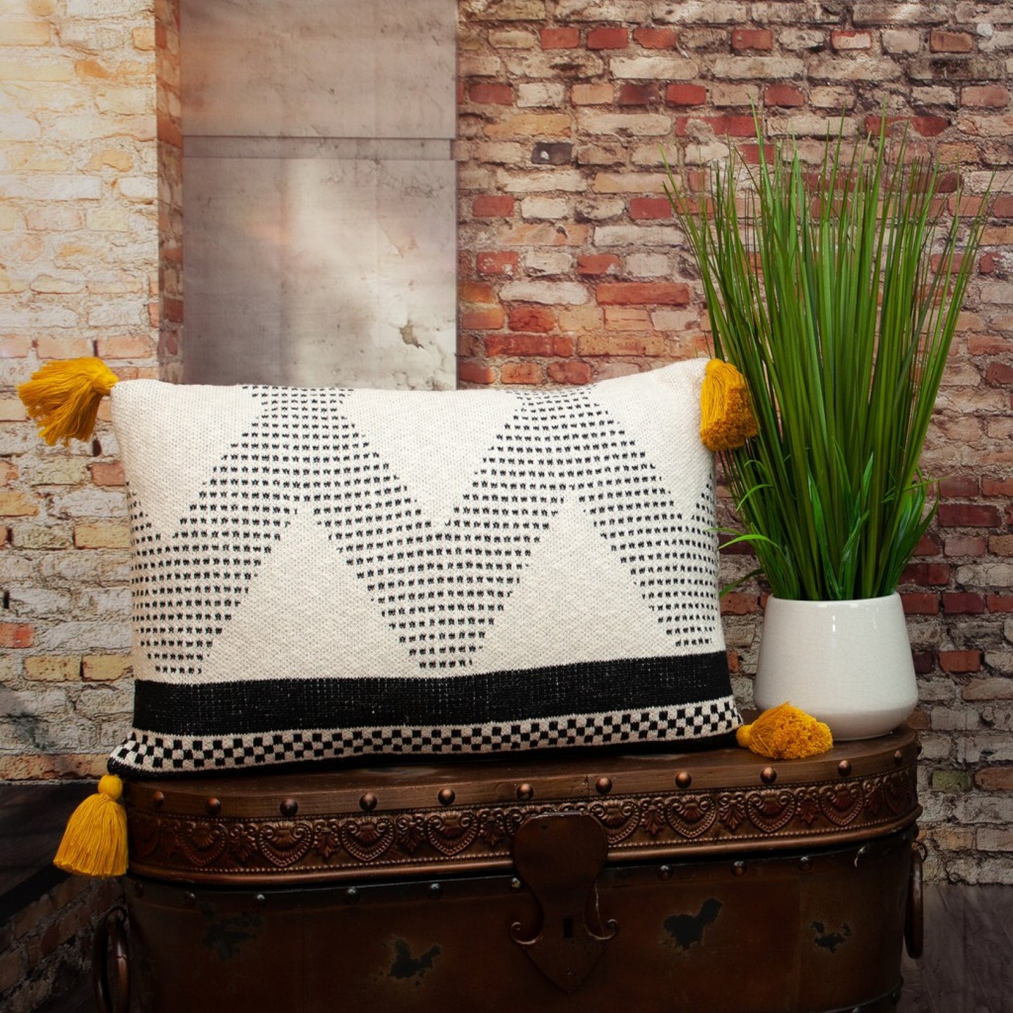 20" X 20" Beige and Black Cotton Throw Pillow With Tassels