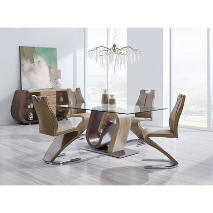 71" Clear And Brown and Silver Glass And Stainless Steel and Manufactured Wood Pedestal Base Dining Table