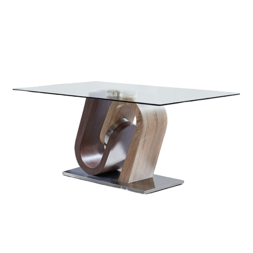 71" Clear And Brown and Silver Glass And Stainless Steel and Manufactured Wood Pedestal Base Dining Table