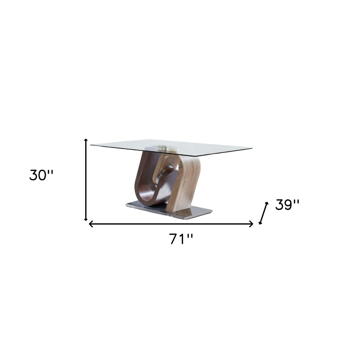 71" Clear And Brown and Silver Glass And Stainless Steel and Manufactured Wood Pedestal Base Dining Table