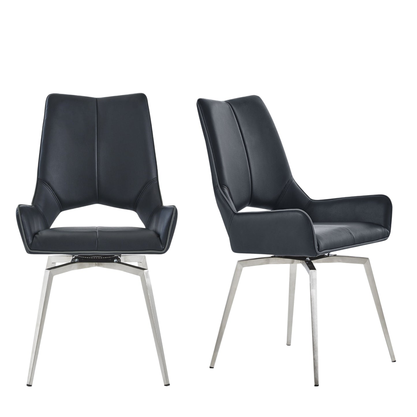 Set of Two Black And Silver Upholstered Faux Leather Dining Side Chairs