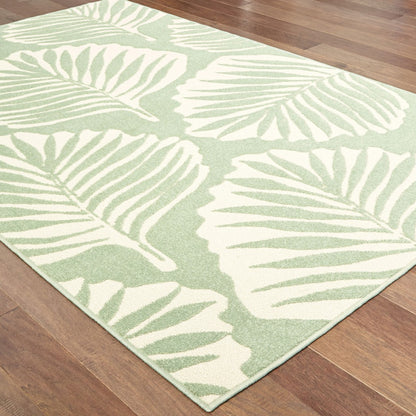 10' X 13' Green and Ivory Floral Indoor Outdoor Area Rug