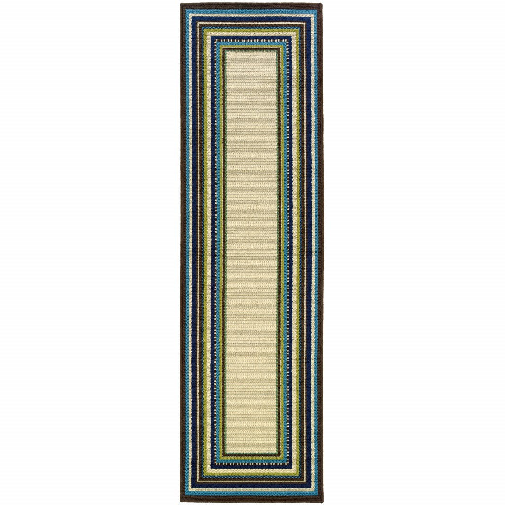 Ivory and Blue Striped Indoor Outdoor Area Rug