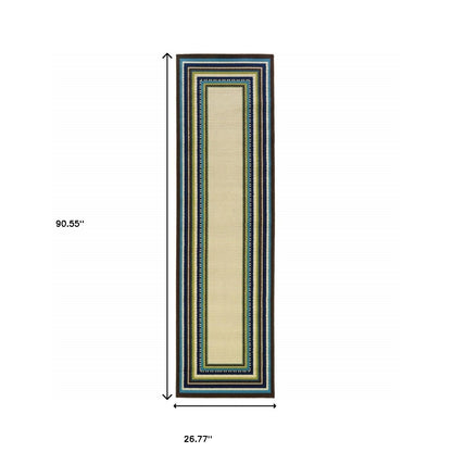 Ivory and Blue Striped Indoor Outdoor Area Rug