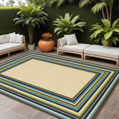 Ivory and Blue Striped Indoor Outdoor Area Rug