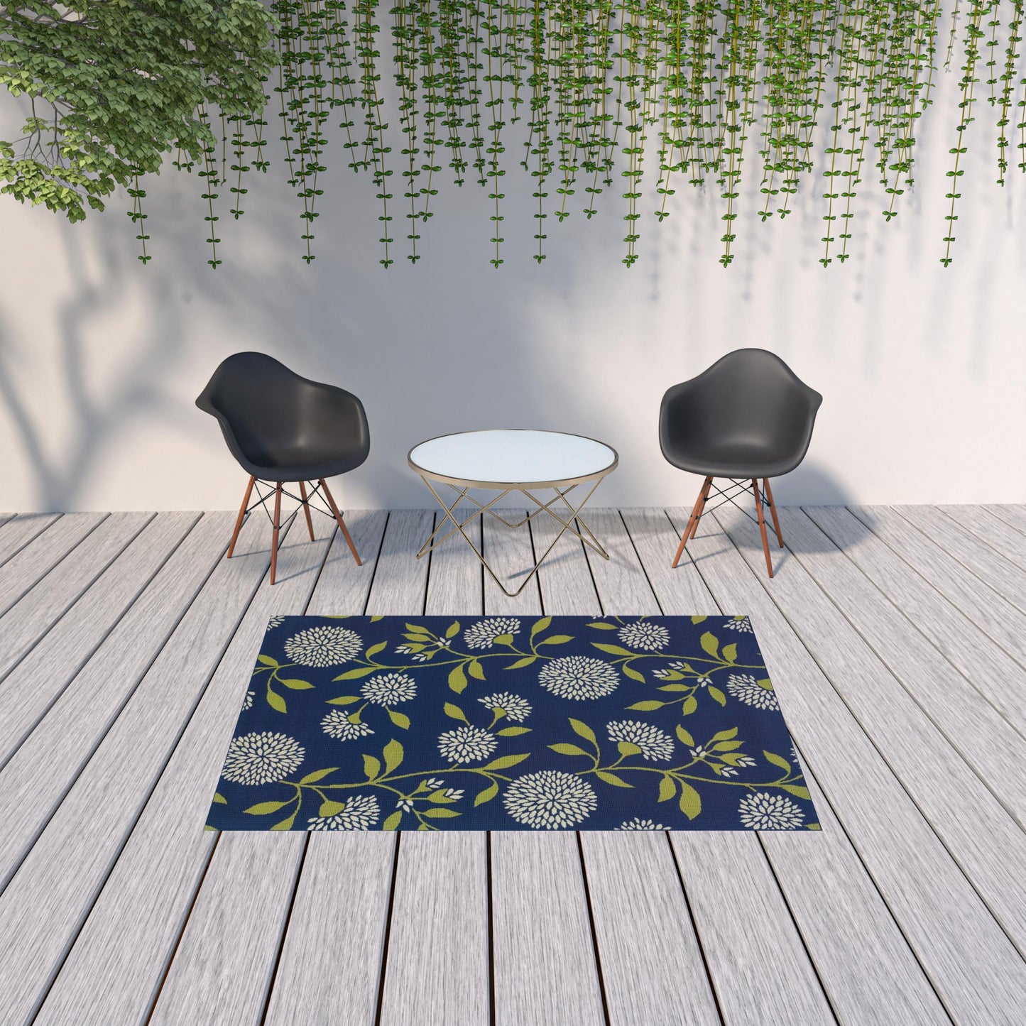 4' X 5' Blue and Green Floral Indoor Outdoor Area Rug