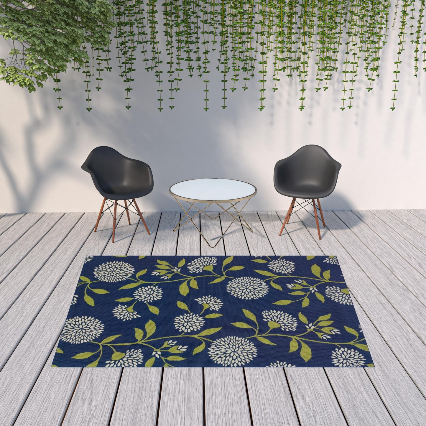 4' X 5' Blue and Green Floral Indoor Outdoor Area Rug