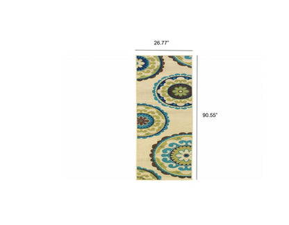 7' X 10' Green and Ivory Floral Indoor Outdoor Area Rug