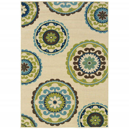 7' X 10' Green and Ivory Floral Indoor Outdoor Area Rug