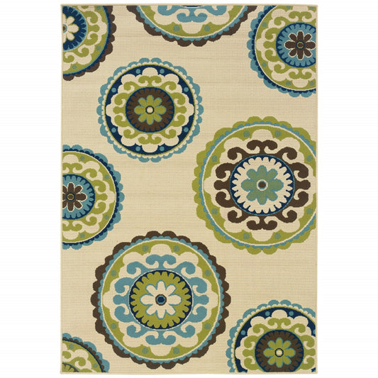 2' X 8' Green and Ivory Floral Indoor Outdoor Area Rug