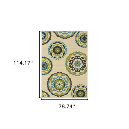 7' X 10' Green and Ivory Floral Indoor Outdoor Area Rug