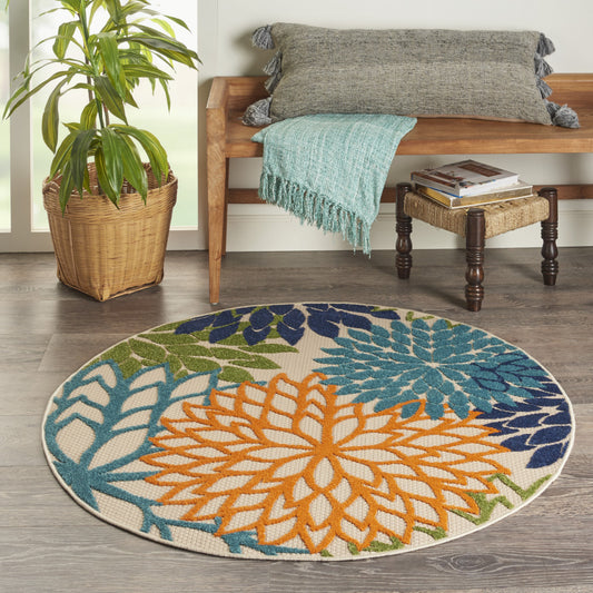 8' Round Ivory And Blue Round Floral Indoor Outdoor Area Rug