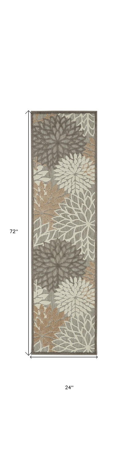 6' Runner Gray and Ivory Floral Indoor Outdoor Area Rug