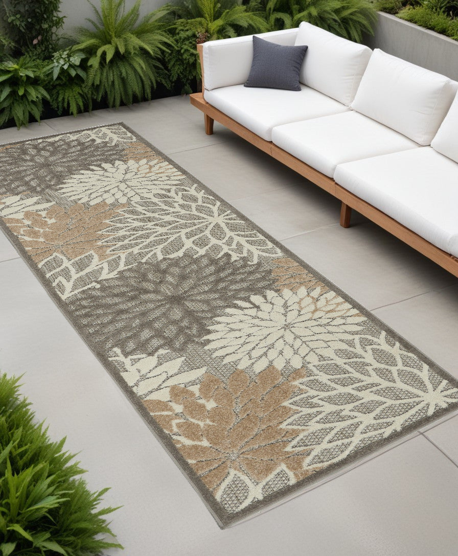 6' Runner Gray and Ivory Floral Indoor Outdoor Area Rug