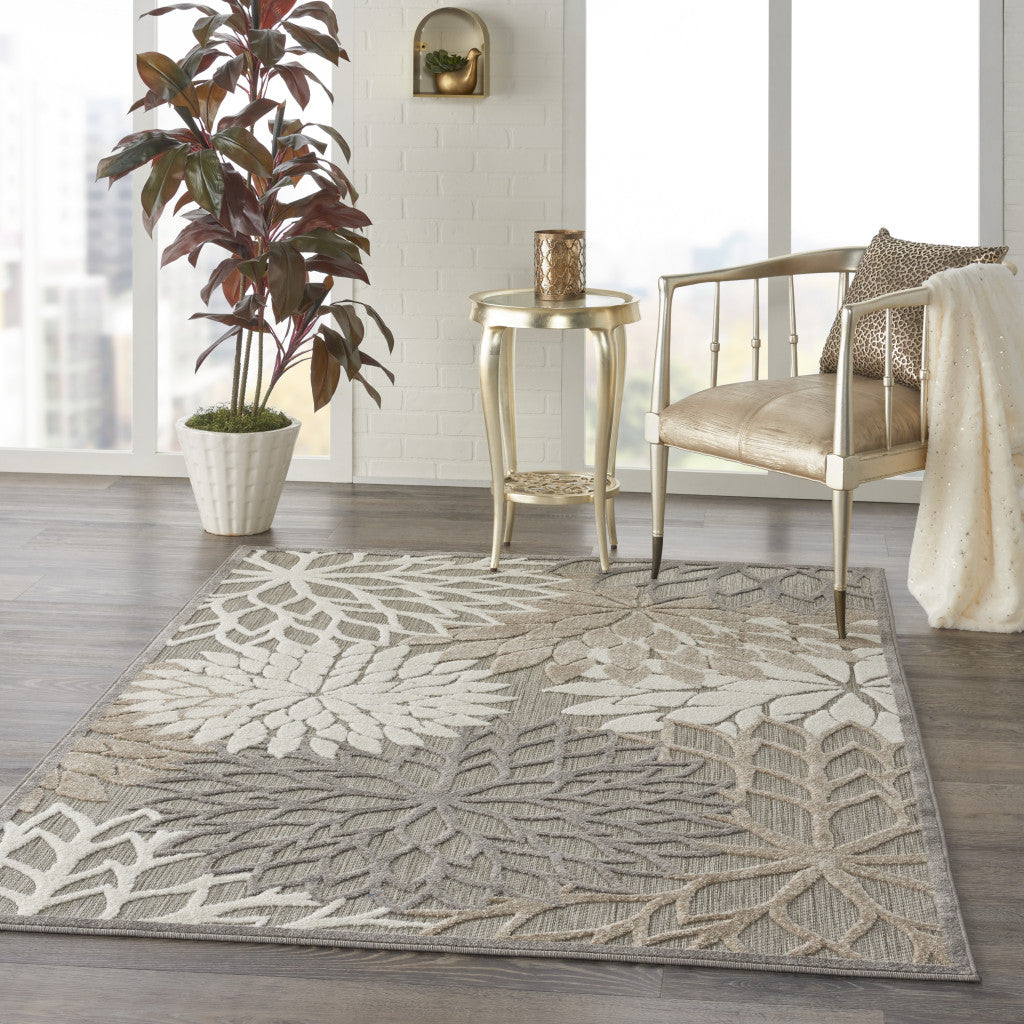 6' Runner Gray and Ivory Floral Indoor Outdoor Area Rug