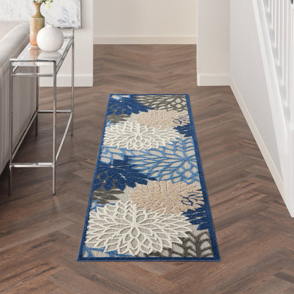 2' X 6' Blue And Gray Floral Indoor Outdoor Area Rug