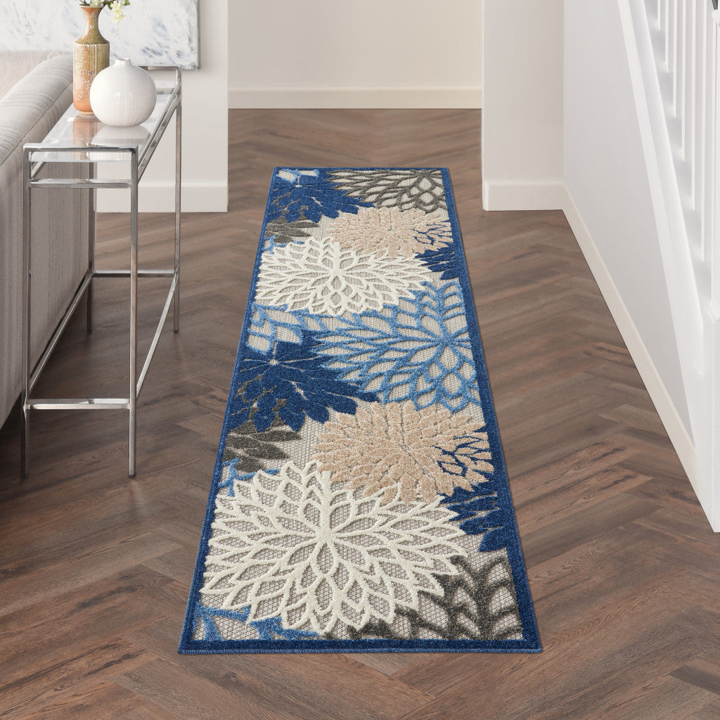 2' X 6' Blue And Gray Floral Indoor Outdoor Area Rug