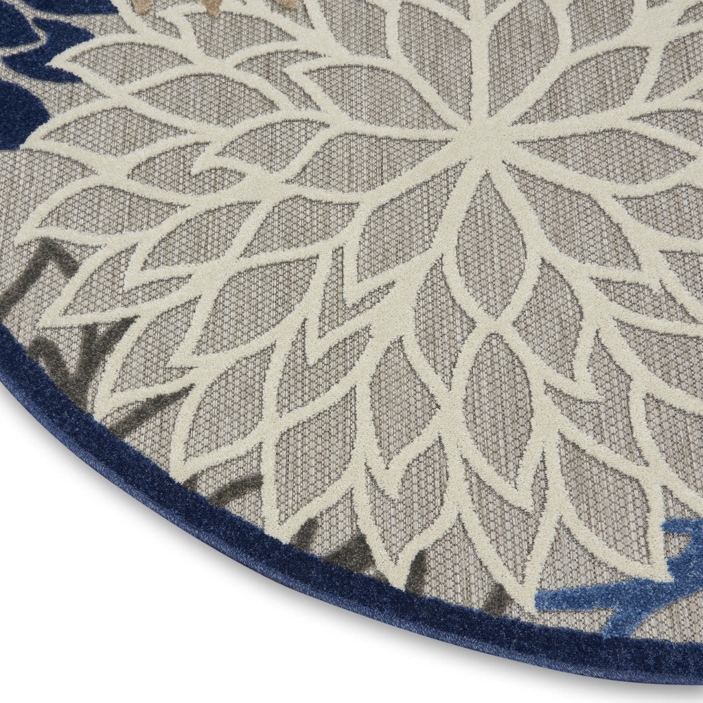 8' Round Blue And Gray Round Floral Indoor Outdoor Area Rug