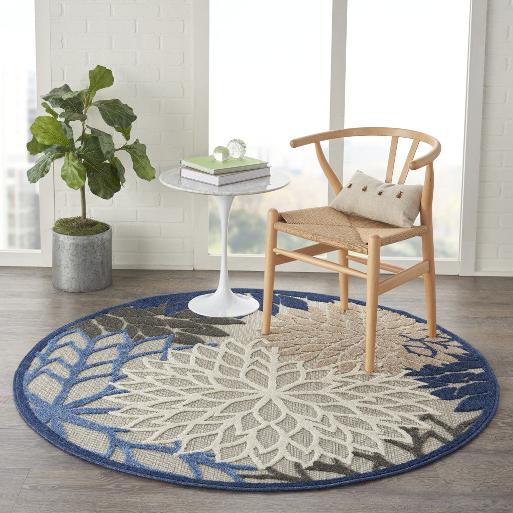 8' Round Blue And Gray Round Floral Indoor Outdoor Area Rug