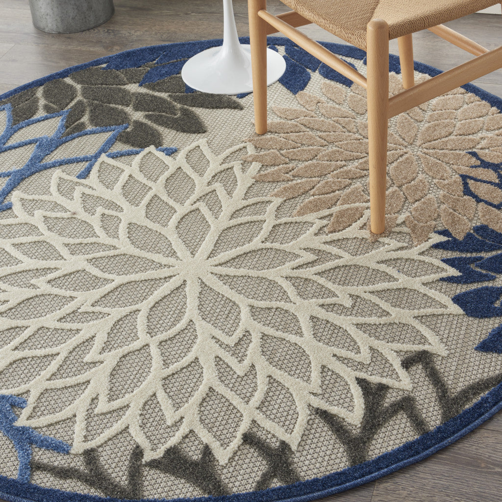 8' Round Blue And Gray Round Floral Indoor Outdoor Area Rug